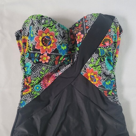 Into The Bleu By Amerex Bathing Suit Floral Black Strapless with Cups Size 8 - Picture 2 of 6
